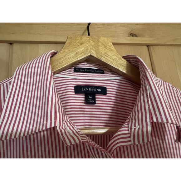 Land's End | No Iron Pintuck Oxford Red White Striped Dress Shirt | Size 14 - Picture 2 of 8
